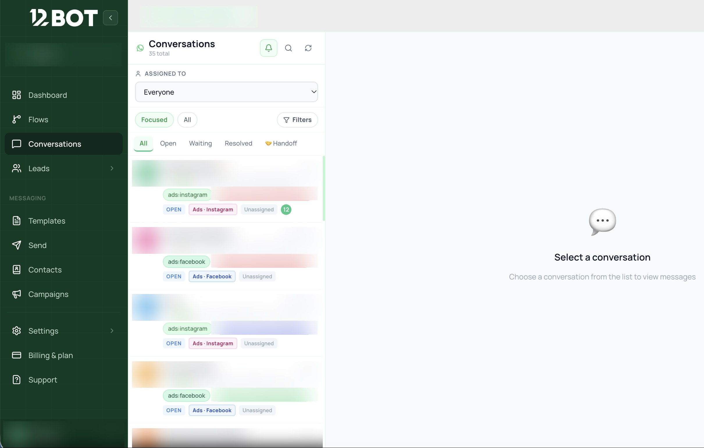 12Bot conversations inbox with Open, Waiting, Resolved and Handoff tabs, an assigned-to filter, and ad source tags such as ads:instagram and ads:facebook on each chat, with customer names, messages and campaign IDs blurred